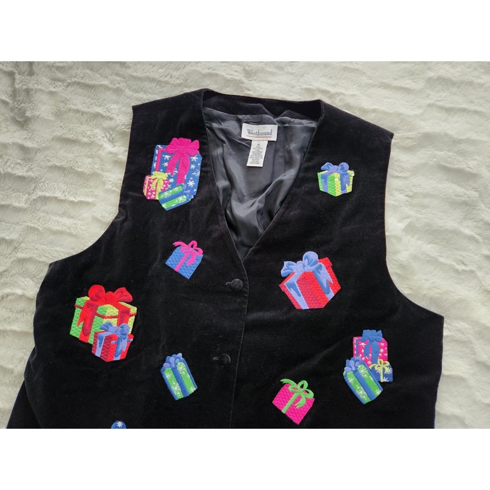 Westbound‎ Ugly Christmas Vest Velvet Black Gifts Lined Womens Embroidered  XL